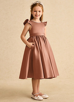 Azazie Dumpling Robe Demoiselle D'honneur Fillette Robe Trapèze en Mat Satiné Arc Bronze image3