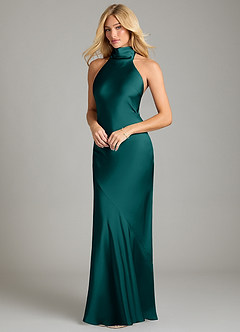Azazie Velli Bridesmaid Dresses Peacock Mermaid High Neck Stretch Satin Dress image1