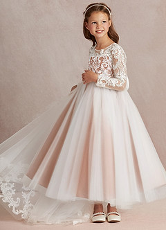 Azazie Elodie Blumenmädchenkleider Ballkleid Spitze Kleid Elfenbein Bronzer image5