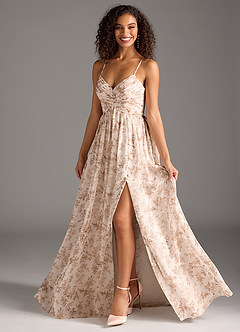 Azazie Alia Bridesmaid Dresses Pink Fern Floral A-Line Pleated Chiffon Dress image1