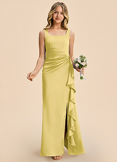 Azazie Adrienne Junior Canary Sheath Pleated Stretch Satin Dress image4