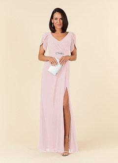Azazie Marianne Mother of the Bride Dresses Blushing Pink Sheath V-Neck Pleated Chiffon Dress image4