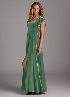 Azazie Bondi Bridesmaid Dresses Eucalyptus A-Line Side Slit Velvet Dress image5