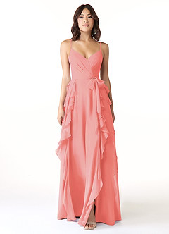 Azazie Peyton Bridesmaid Dresses Coral A-Line Ruched Chiffon Dress image5