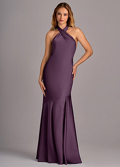 Azazie Lorena Bridesmaid Dresses Plum Mermaid Pleated Stretch Satin Dress image4