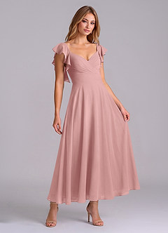 Azazie Leilani 신부 들러리 드레스 A라인 셔링 쉬폰 발목 길이 드레스 image3