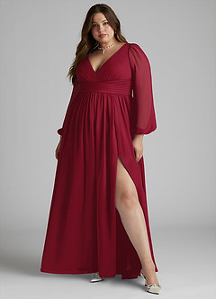 Azazie Norah Bridesmaid Dresses Burgundy A-Line V-Neck Long Sleeve Chiffon Dress image6