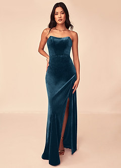 Azazie Nereda Bridesmaid Dresses Blue Topaz A-Line Strapless Velvet Convertible Dress image5