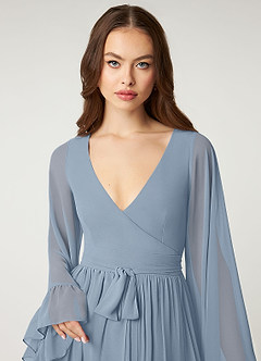 Azazie Tiphanie Venta Final Vestido de Azul Polvoriento de Gasa de Corte en A con Cuello en V fruncido image6