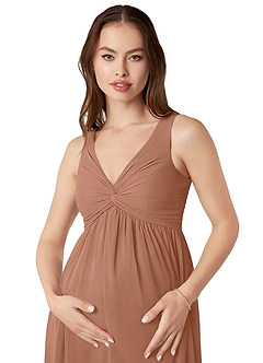Azazie Yetta Maternity Bridesmaid Dresses A-Line V-Neck Gathered Chiffon Floor-Length Dress image6
