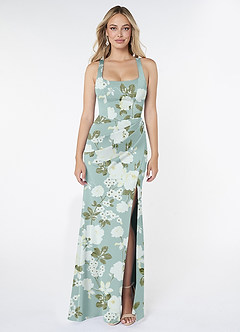 Azazie Mero Bridesmaid Dresses Misty Floral Garden Mermaid Pleated Stretch Satin Dress image1