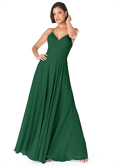 Azazie Avelina Bridesmaid Dresses Dark Green A-Line V-Neck Pleated Chiffon Dress image1