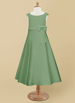 Azazie Lindy Flower Girl Dresses Matcha A-Line Pleated Matte Satin Dress image10