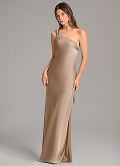 Azazie Monroe Bridesmaid Dresses Taupe Mermaid One Shoulder Stretch Satin Dress image3