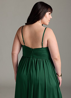 Azazie Alia Abiti da Damigella Abito A-Line in Raso Elasticizzato Plissettato Verde Scuro image15