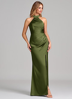 Azazie Karlotta Bridesmaid Dresses Olive Sheath Pleated Stretch Satin Dress image5