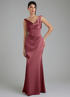 Azazie Spencer Robes de demoiselle d'honneur Robe Sirène en Satin extensible Plissée Rose Du Désert image1