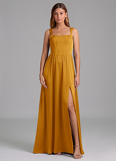 Azazie Rosaline Bridesmaid Dresses Butterscotch A-Line Side Slit Stretch Satin Dress image3