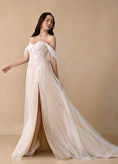 Azazie Seradine Wedding Dresses Diamond White Nude A-Line Off the Shoulder Beading Dress image2