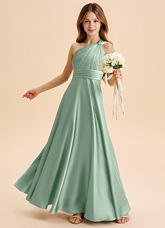 Azazie Charlize Junior A라인 주름진 스트레치 새틴 플로어 길이 주니어 신부 들러리 드레스 image4