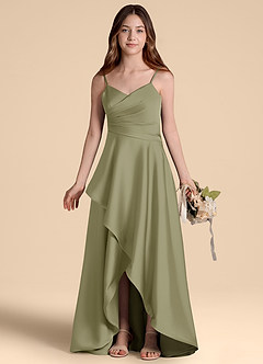 Azazie Prisha Junior Vestido de Pistacho de Satén Elástico de Corte en A con Plisado image7