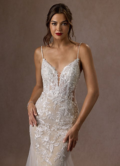 Azazie Leonie Wedding Dresses Diamond White Nude Mermaid V-Neck Sequins Tulle Dress image13
