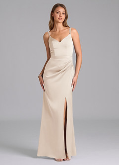 Azazie Leo Final Sale White Alabaster Sheath Pleated Stretch Satin Dress image1