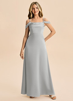 Azazie Lettie Junior Vestido Prata de Cetim elástico de Linha A com Fora do ombro image4