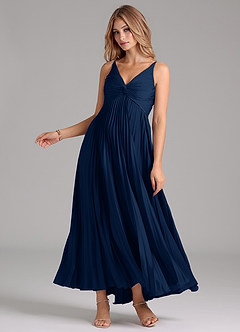 Azazie Raychelle Vestidos de damas de honor Vestido de Azul Marino Oscuro de Satén Elástico de Corte en A con Plisado image3