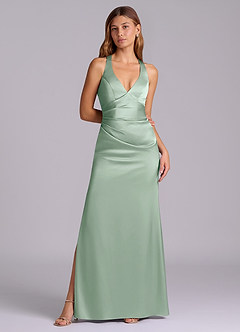 Azazie Amelie Bridesmaid Dresses Agave A-Line Pleated Stretch Satin Dress image4