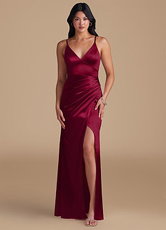 Azazie Shania Bridesmaid Dresses Burgundy Sheath Pleated Metallic Satin Dress image1