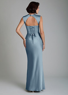 Azazie Lumia At-home Try On Dresses Dusty Blue Sheath Corset Stretch Satin Dress image2