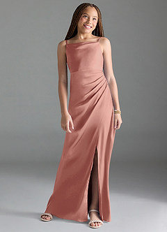 Azazie Leonis Junior Rosette A-Line Pleated Stretch Satin Dress image1