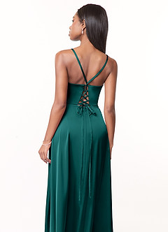 Azazie Maksim Bridesmaid Dresses Peacock A-Line V-Neck Stretch Satin Dress image3