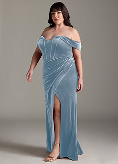 Azazie Jas Bridesmaid Dresses Dusty Blue Sheath Off-The-Shoulder Corset Velvet Convertible Dress image13