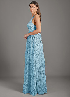Azazie Kora Vestidos de damas de honor Vestido de Floral Helecho Azul de Gasa de Corte en A con Plisado image3