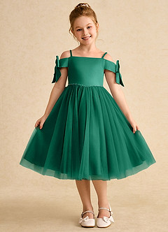 Azazie Amie Flower Girl Dresses Emerald A-Line Off the Shoulder Matte Satin Dress image3