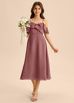 Azazie Kamilla Junior Abito A-Line in Chiffon a Spalla Scoperta Rosa Del Deserto image4