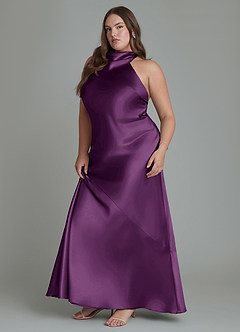 Azazie Velli Bridesmaid Dresses Plum Sheath High Neck Metallic Satin Dress image12