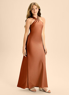 Azazie Doretta Junior Vestido Cobre de Cetim elástico de Linha A com Plissado image6