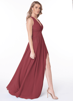 Azazie Jaclyn Bridesmaid Dresses Merlot A-Line Pleated Chiffon Dress image4