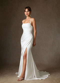 Azazie Kierra Wedding Dresses Diamond White Mermaid Pleated Stretch Satin Dress image4