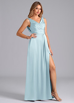 Azazie Karina Bridesmaid Dresses Cloud Blue A-Line Pleated Stretch Satin Dress image5