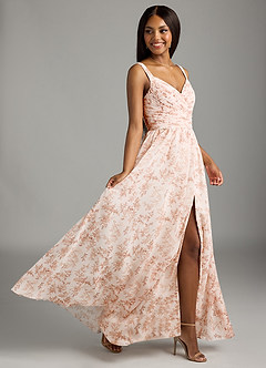 Azazie Chanel Bridesmaid Dresses Pink Fern Floral A-Line Pleated Chiffon Dress image1