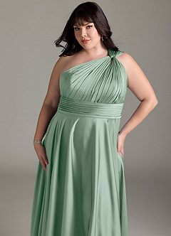Azazie Charlize Bridesmaid Dresses Agave A-Line One Shoulder Stretch Satin Dress image14