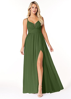 Azazie Rayna Bridesmaid Dresses Olive A-Line V-Neck Pleated Chiffon Dress image1