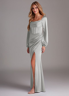 Azazie Charissa Bridesmaid Dresses Silver Sheath Long Sleeve Stretch Satin Dress image5
