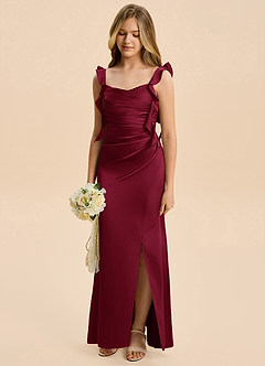 Azazie Jessamine Junior Burgundy Sheath Ruched Stretch Satin Dress image6
