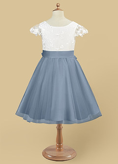Azazie Vetty Flower Girl Dresses Ivory Dusty Blue A-Line Lace Tulle Dress image9