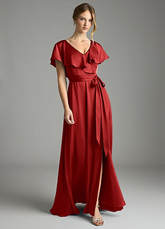 Azazie Lainey Bridesmaid Dresses Pomegranate A-Line with Pockets Stretch Satin Dress image1